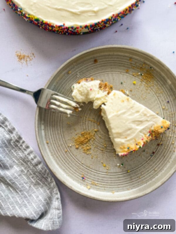 A single slice of No-Bake Marshmallow Cheesecake on a white plate, ready to be enjoyed.
