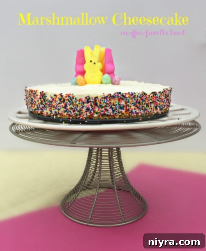 A No-Bake Marshmallow Cheesecake presented on a elegant cake stand.