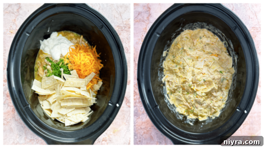 Step-by-step image showing shredded chicken and other ingredients stirred into the slow cooker