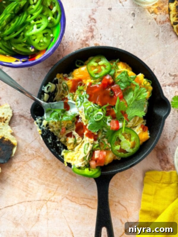 Serving of Slow Cooker Green Chile Chicken Enchilada Casserole topped with sour cream and green onions