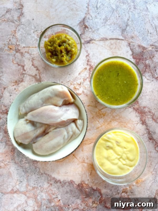 Ingredients for Slow Cooker Green Chile Chicken Enchilada Casserole laid out on a counter