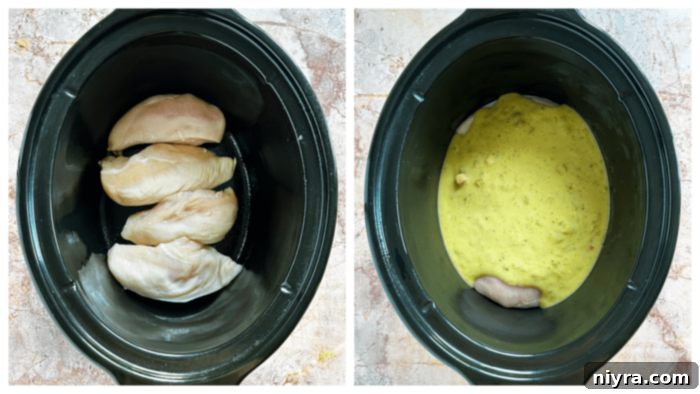 Step-by-step image showing chicken breasts in the slow cooker