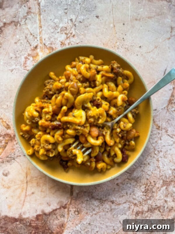 Chili Mac Skillet served in a bowl, close up
