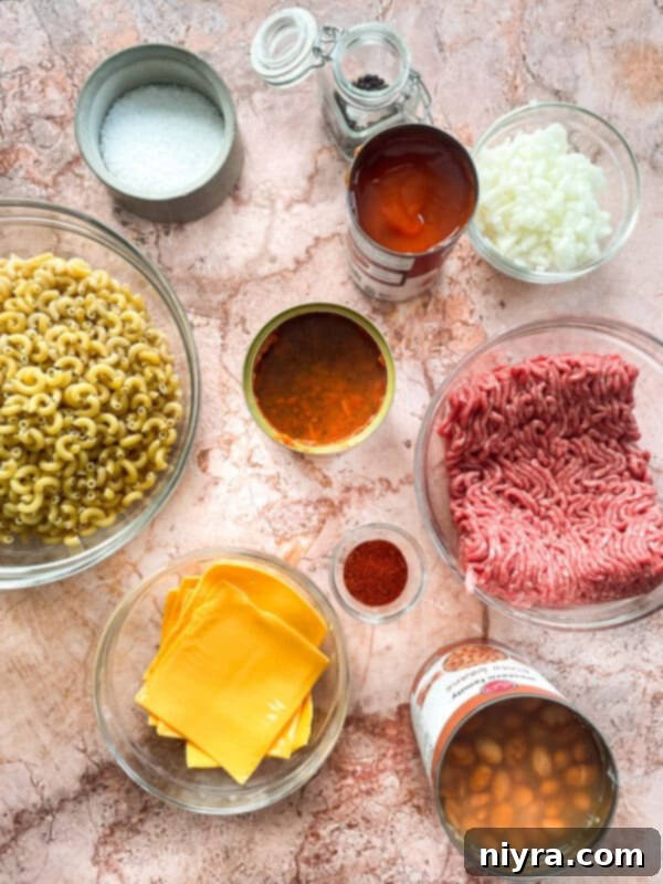 Ingredients for Chili Mac Skillet laid out