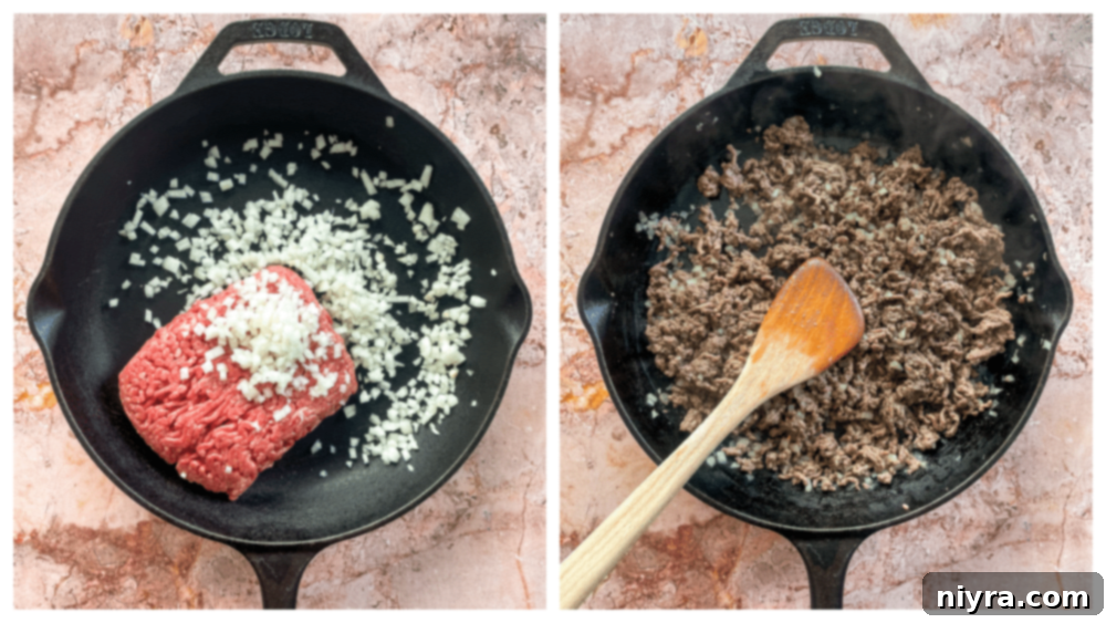 Ground beef and onion cooking in a skillet