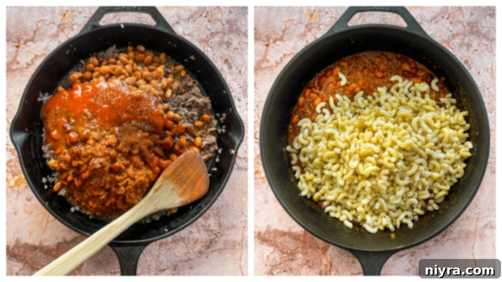 Adding ingredients to the ground beef and onion in a skillet