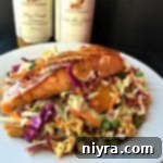 close up of Sesame Ginger Salmon over Crunchy Ramen Slaw