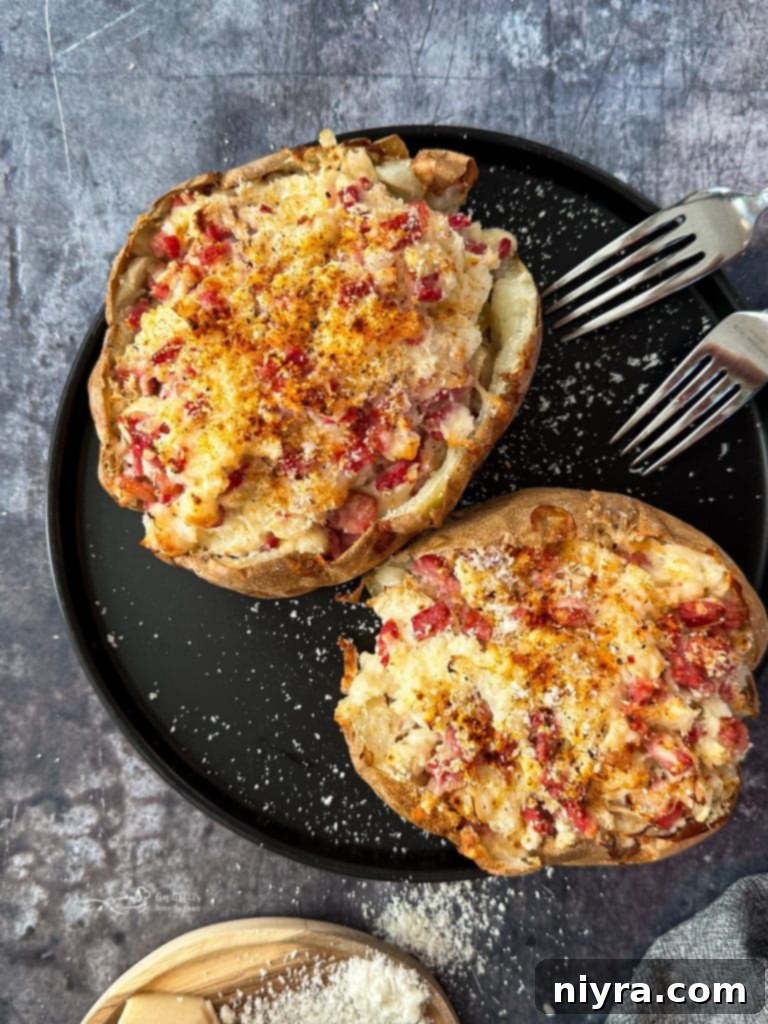 Two Reuben Stuffed Baked Potatoes on a wooden board