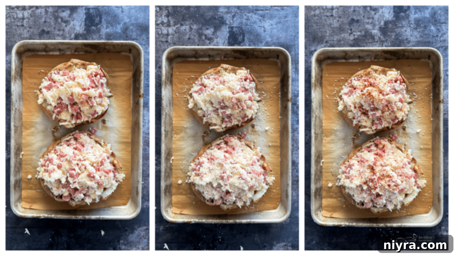 Reuben Stuffed Baked Potatoes topped with Parmesan and paprika