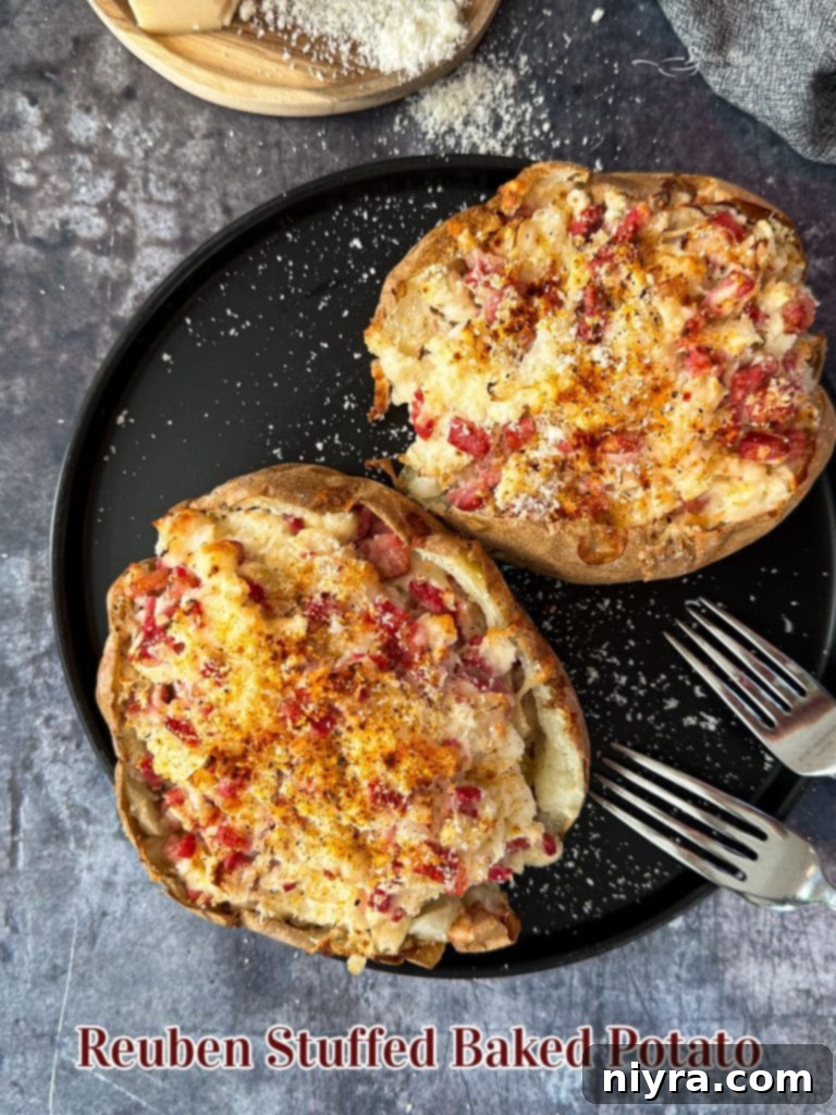 A close-up shot of a Reuben Stuffed Baked Potato, ready to eat