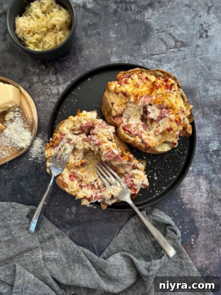 Overhead view of a Reuben Stuffed Baked Potato with extra kraut