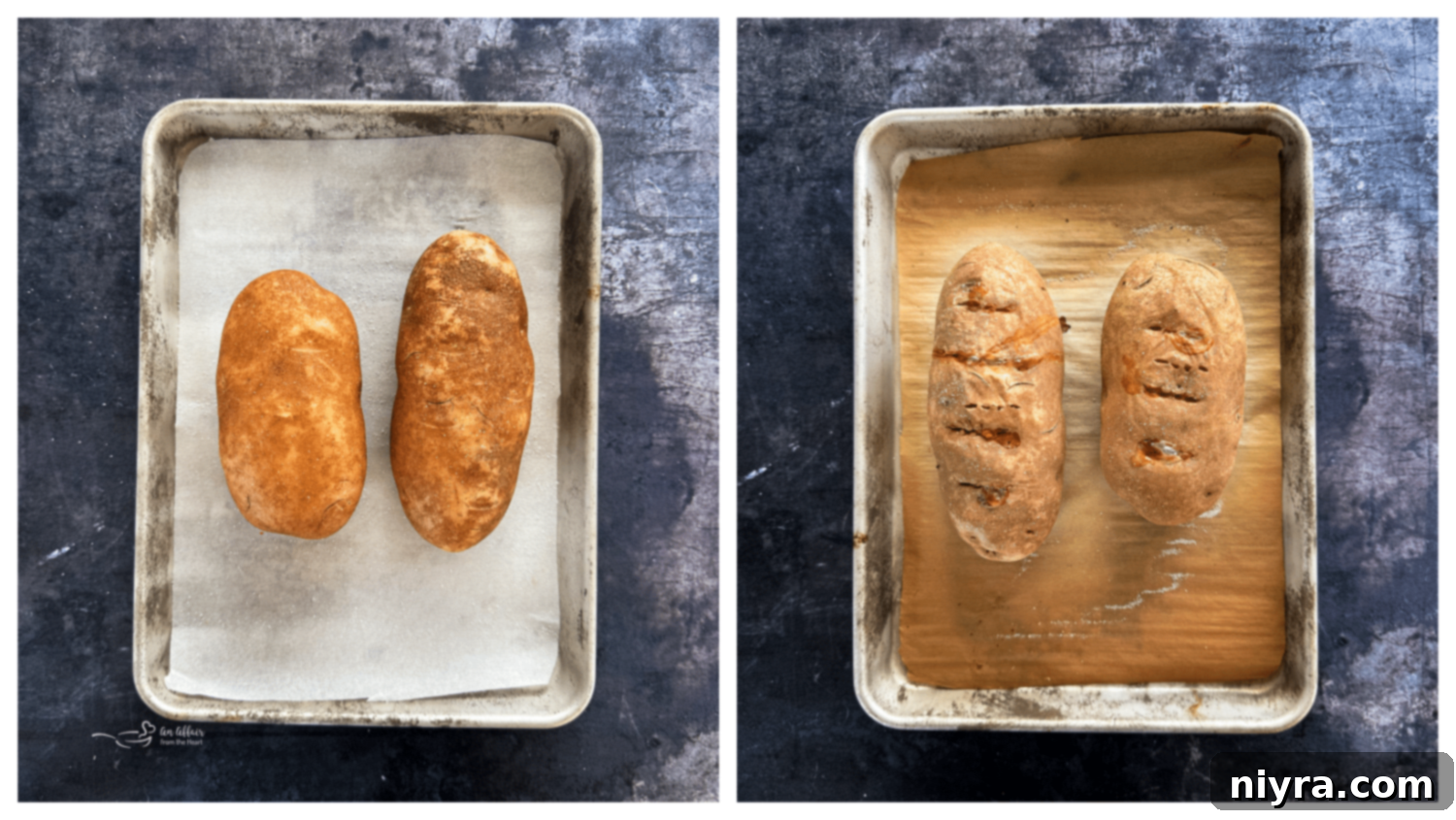 A russet potato dusted with sea salt on a baking sheet