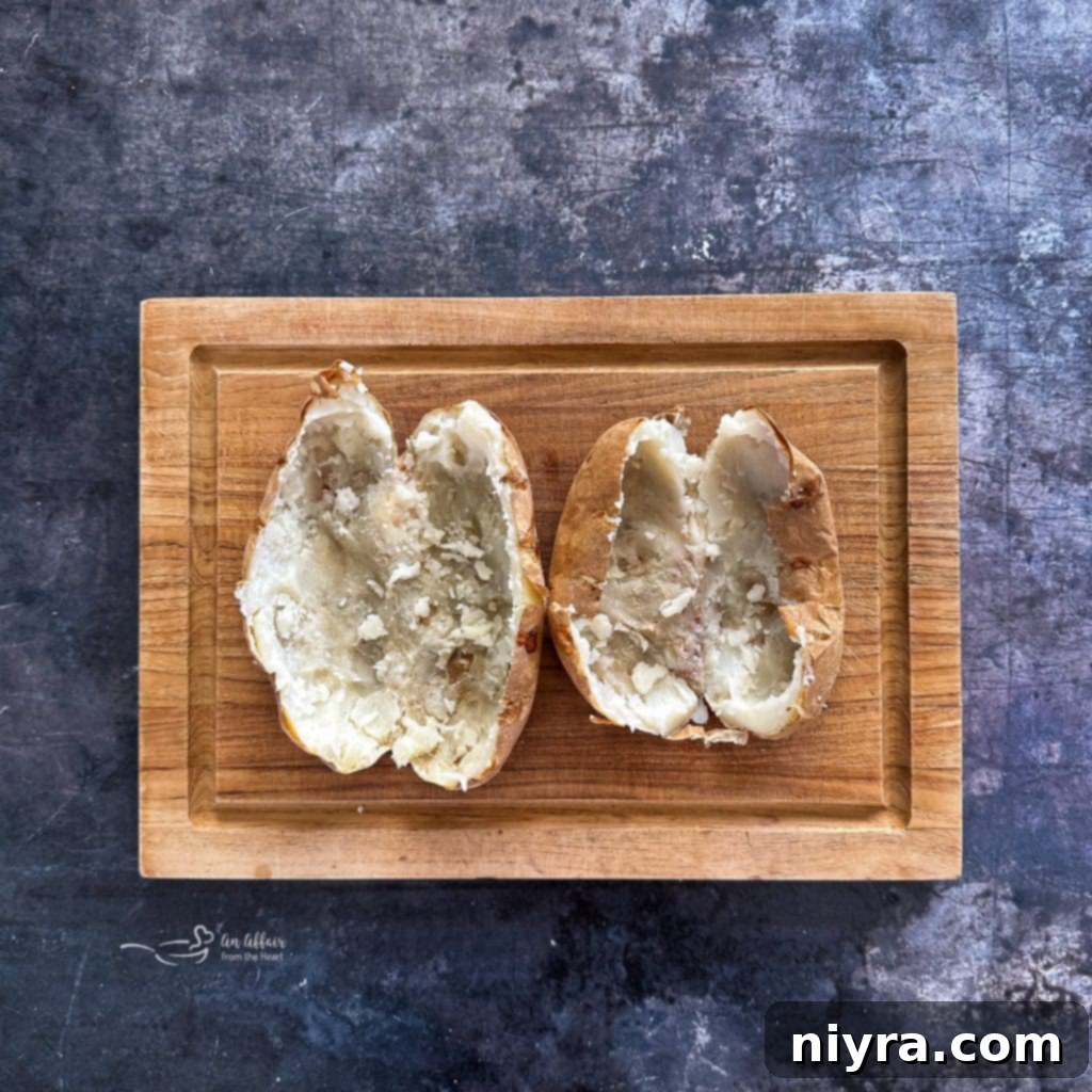 A baked potato with its insides removed, leaving the skin intact
