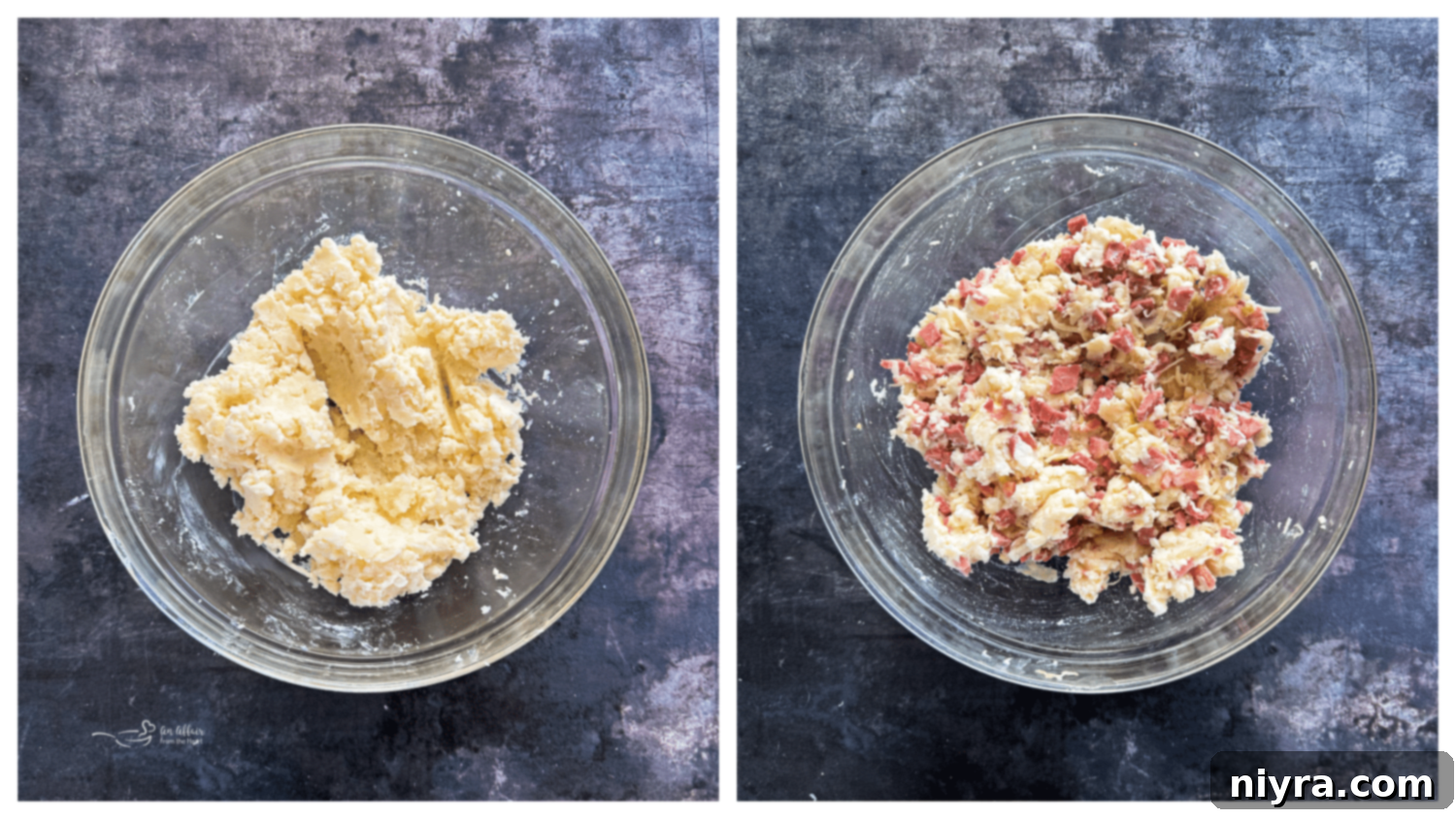 Mashed potato insides mixed with cream cheese and Reuben filling