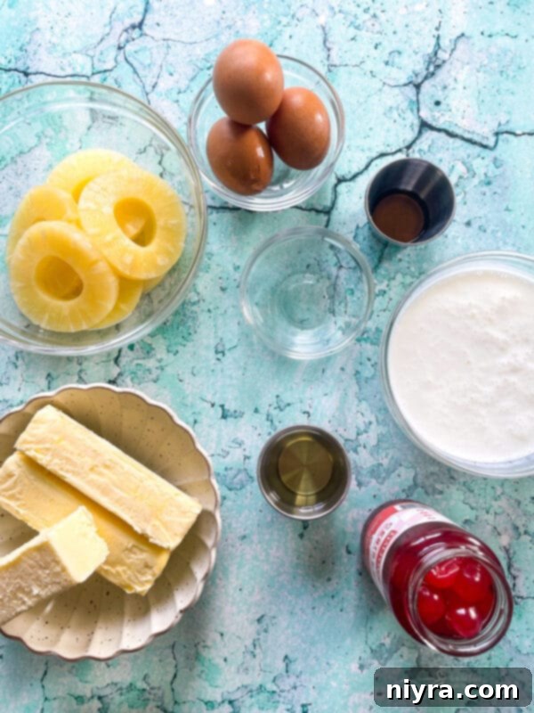 Homemade Pineapple Upside Down Cake 7 Sugar, vinegar, vanilla, and eggs for cake batter