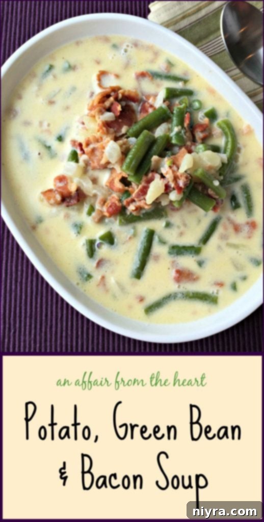 Hearty Bacon, Potato, and Green Bean Soup 2 Potato, Green Bean & Bacon Soup, close-up in a bowl