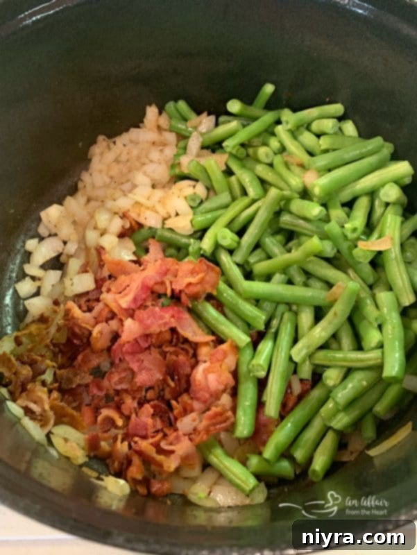 Hearty Bacon, Potato, and Green Bean Soup 4 Preparation steps for Potato Green Bean Bacon Soup showing cooked bacon and onions