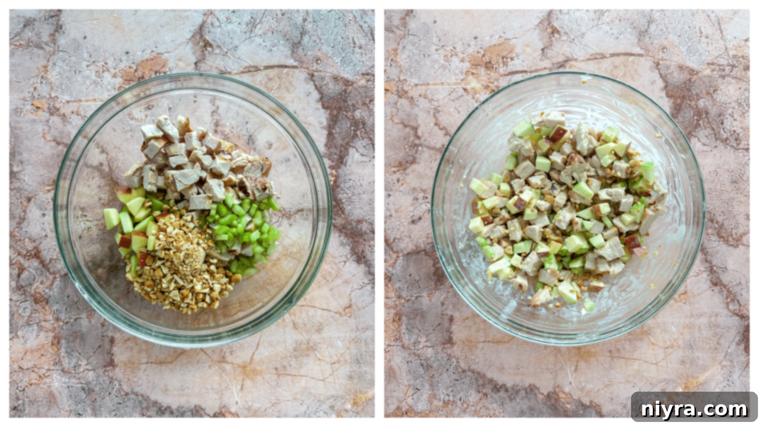 An illustrative image showing various stages of preparing Apple Chicken Salad, from dicing ingredients to mixing, providing a visual guide.