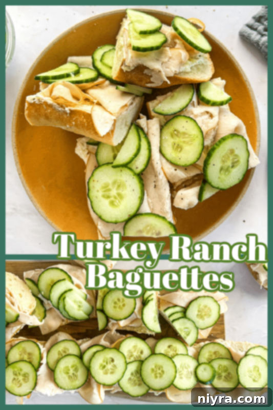 An overhead shot of a platter of individual Turkey Ranch Baguette slices.