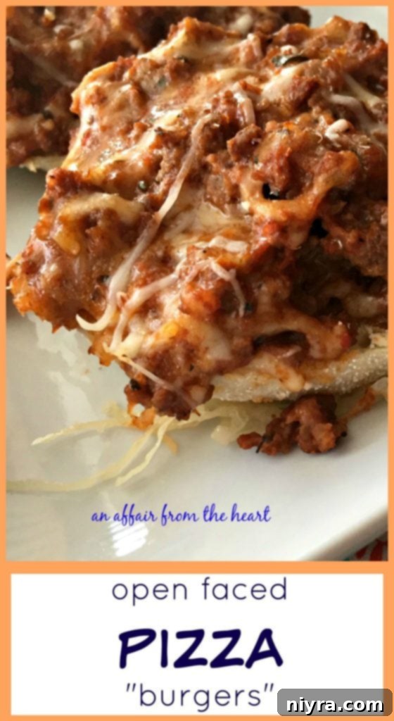 Pizza Burger Melts 14 Open-Faced Pizza Burgers stacked on a plate, showcasing their melted cheese and savory topping