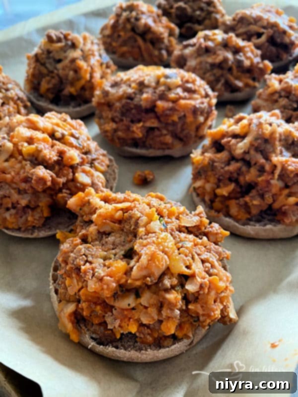 Pizza Burger Melts 6 English muffin halves pre-baking on a sheet pan for Open-Faced Pizza Burgers