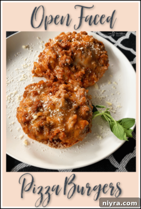 Pizza Burger Melts 8 Open-Faced Pizza Burger recipe card visual for Pinterest pinning
