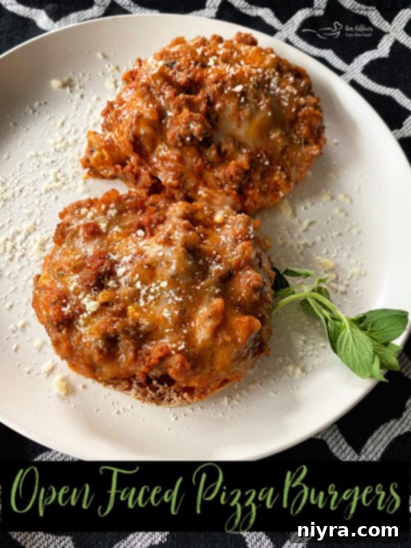 Pizza Burger Melts 10 Fully cooked and topped Open-Faced Pizza Burgers ready to eat on a white plate