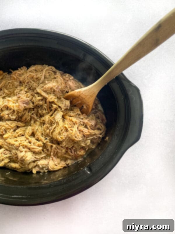 Cooked slow cooker carnitas, ready for shredding