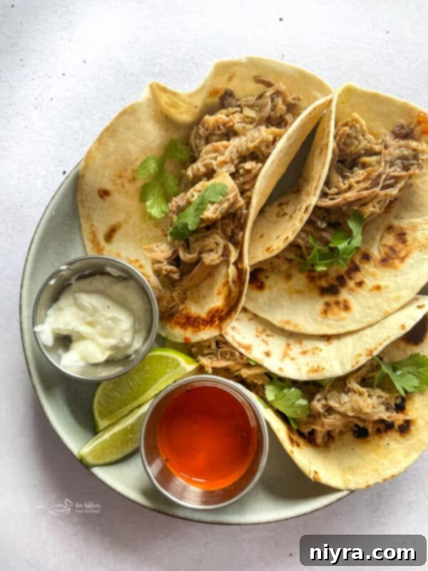 Shredded pork carnitas in a slow cooker with juices