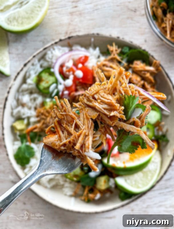 One bowl of cilantro lime pork with limes, tomatoes, onions, rice, and jajapeños
