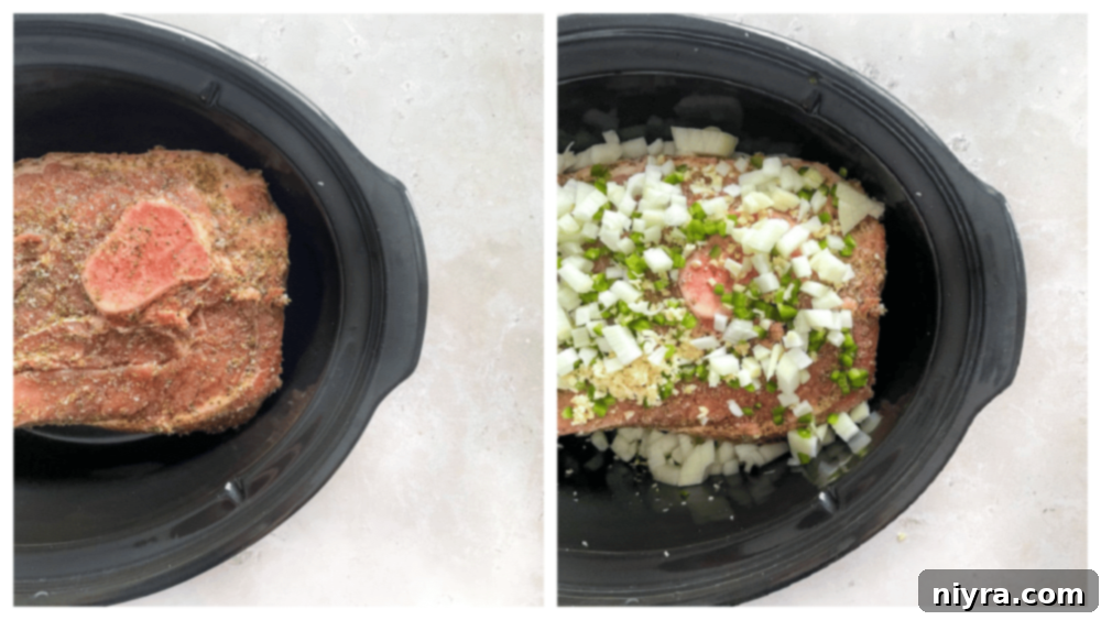 Close-up of seasoned pork roast in a slow cooker, before adding other ingredients