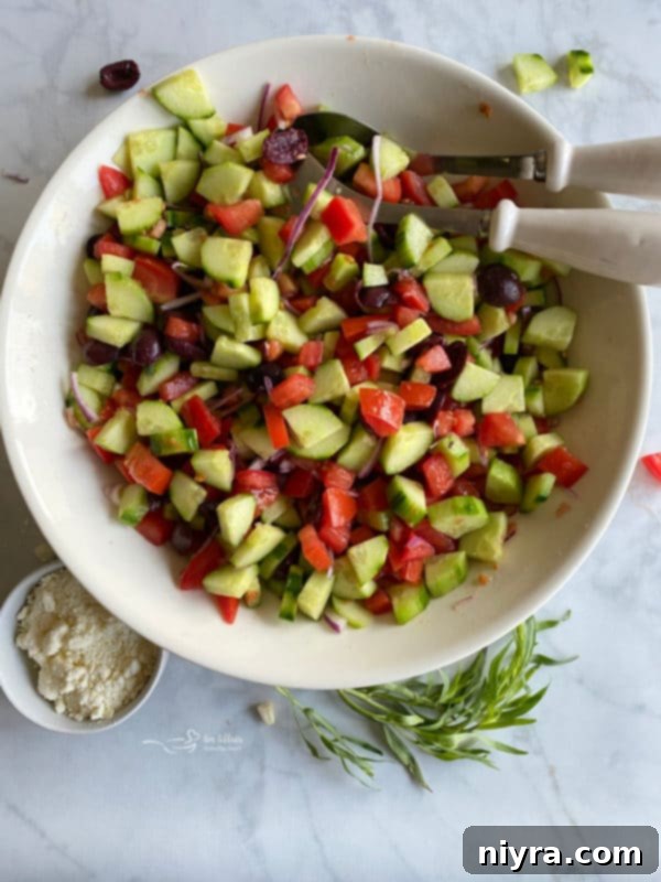 Refreshing Greek Cucumber Salad 5 Top view of cucumber salad with vinaigrette