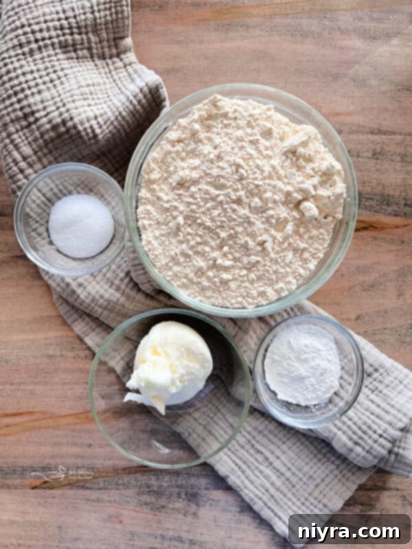 Ingredients for Homemade Bisquick Mix displayed on a counter