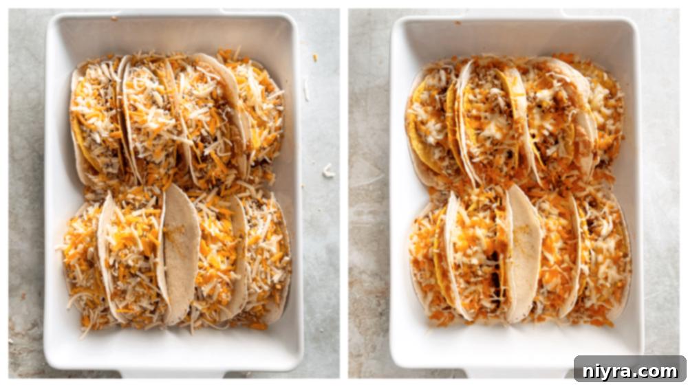 Filling double decker tacos with seasoned ground beef