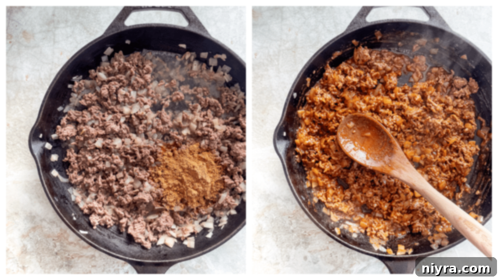 Seasoned taco meat in a skillet