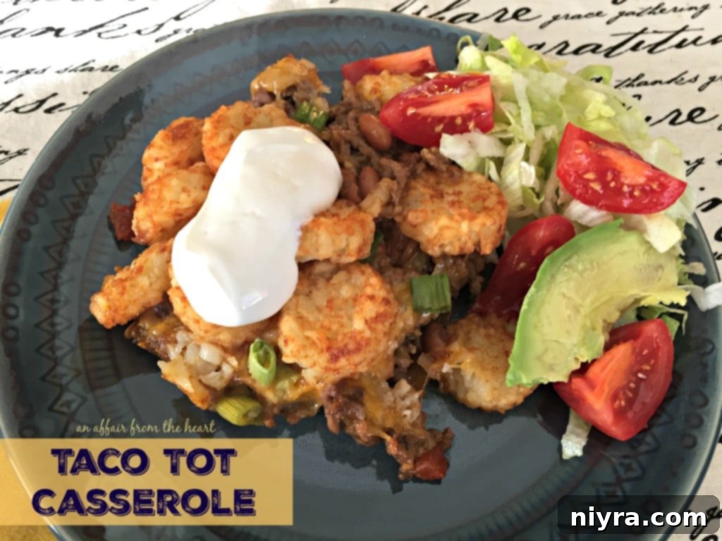 Loaded Tater Tot Taco Bake 2 Delicious golden brown Taco Tot Casserole fresh out of the oven, garnished with fresh cilantro, ready to be served.