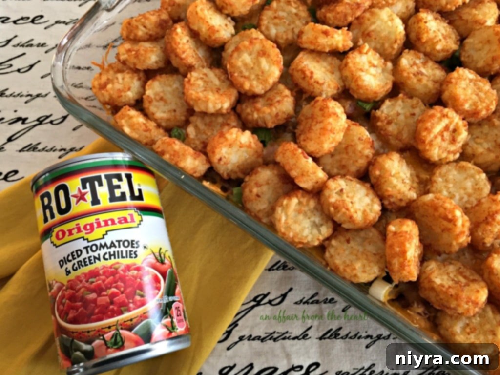 Loaded Tater Tot Taco Bake 3 Close-up of the rich, gooey cheese and savory seasoned beef mixture for Taco Tot Casserole before the tater tots are added.