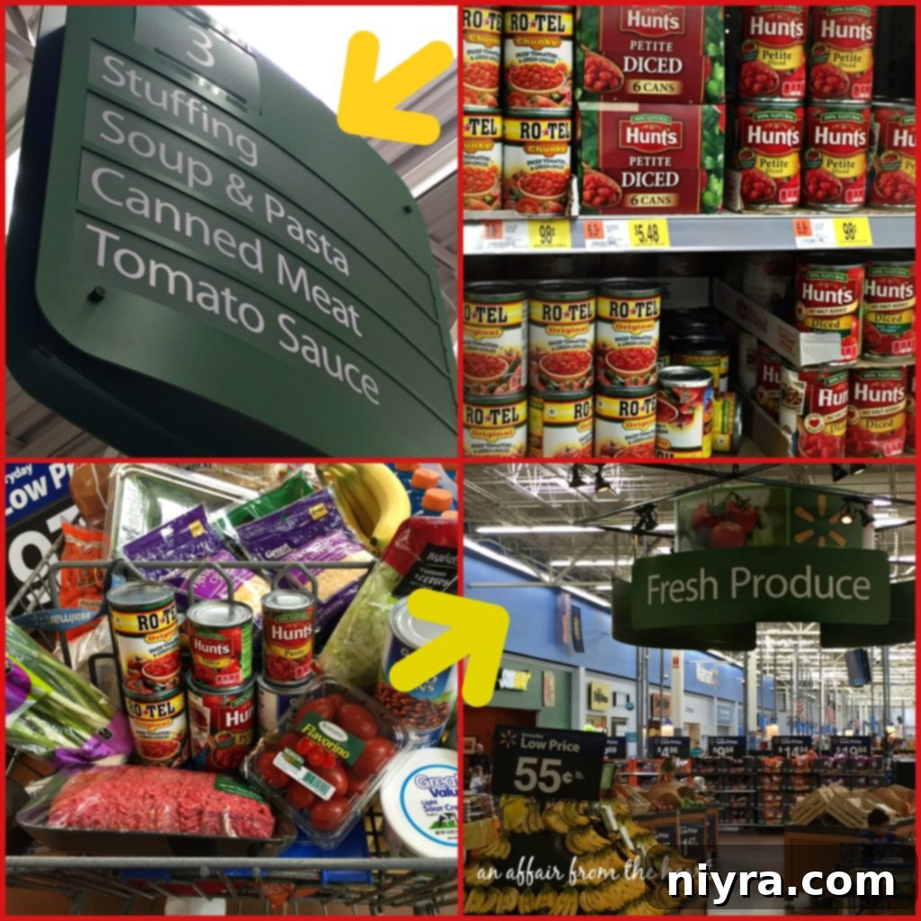 Loaded Tater Tot Taco Bake 4 Shopping cart filled with fresh ingredients from Walmart for Taco Tot Casserole, including RO*TEL cans and ground beef.