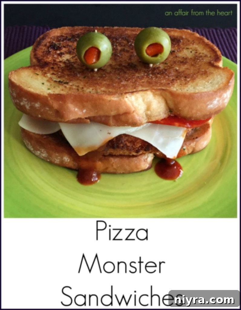 Close-up of a Pizza Monster Sandwich with exaggerated mozzarella fangs and olive eyes, looking delightfully spooky.