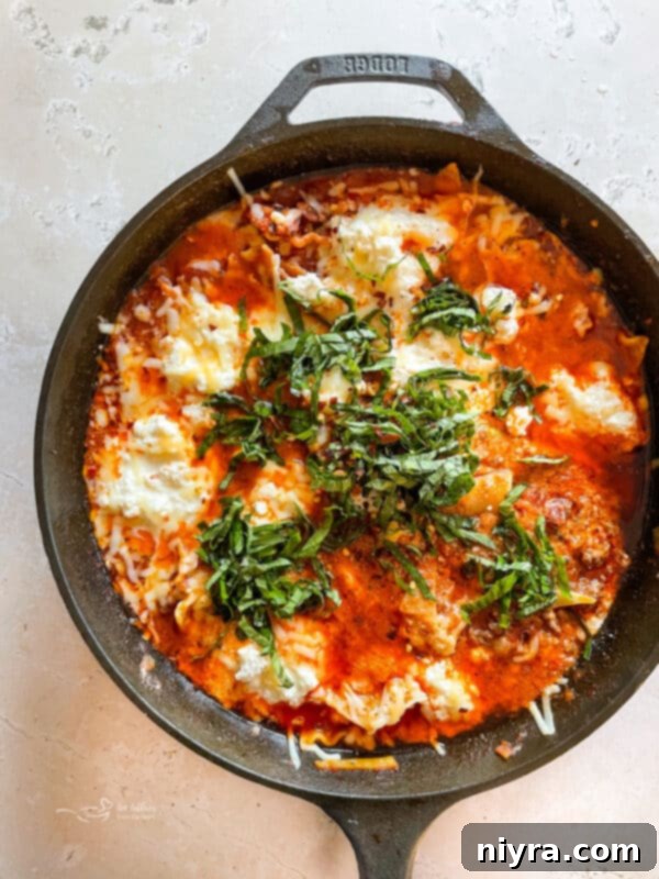 Overhead of Skillet Lasagna, a comforting Italian dish.