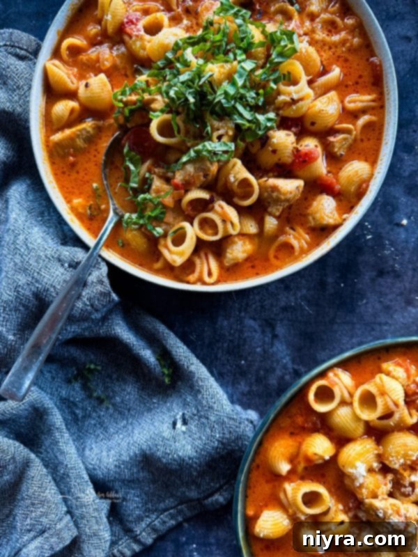 Close-up of a rustic bowl of Chicken Parmesan Soup