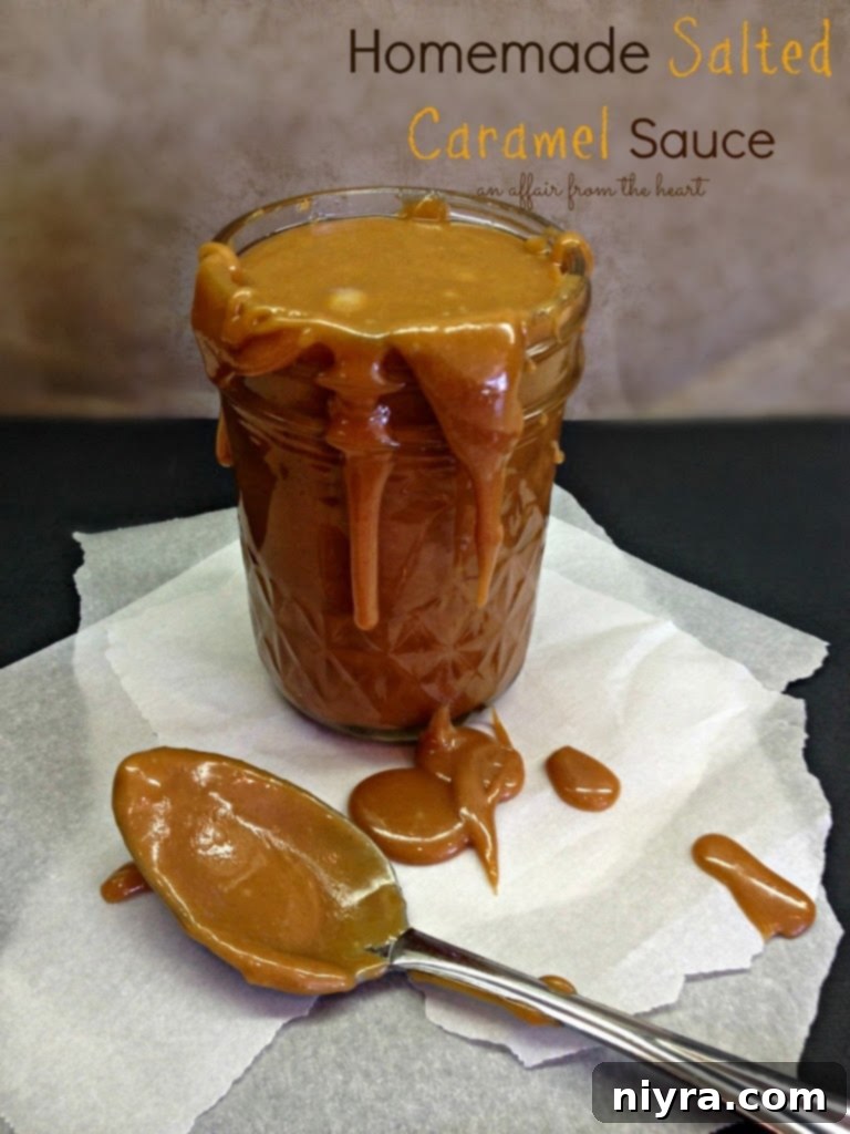 Jar of glistening homemade salted caramel sauce