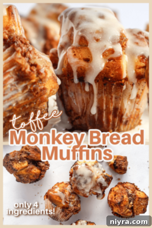 Toffee Monkey Bread Muffins presented on a wooden board, showcasing their golden-brown color and sticky texture.