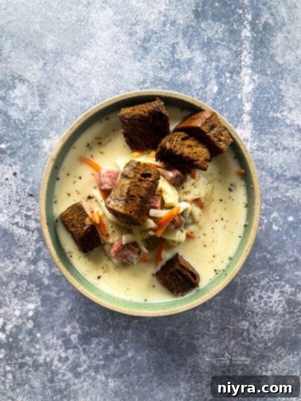 Reuben Chowder 14 A bowl of Cream of Reuben Soup ready to be enjoyed.