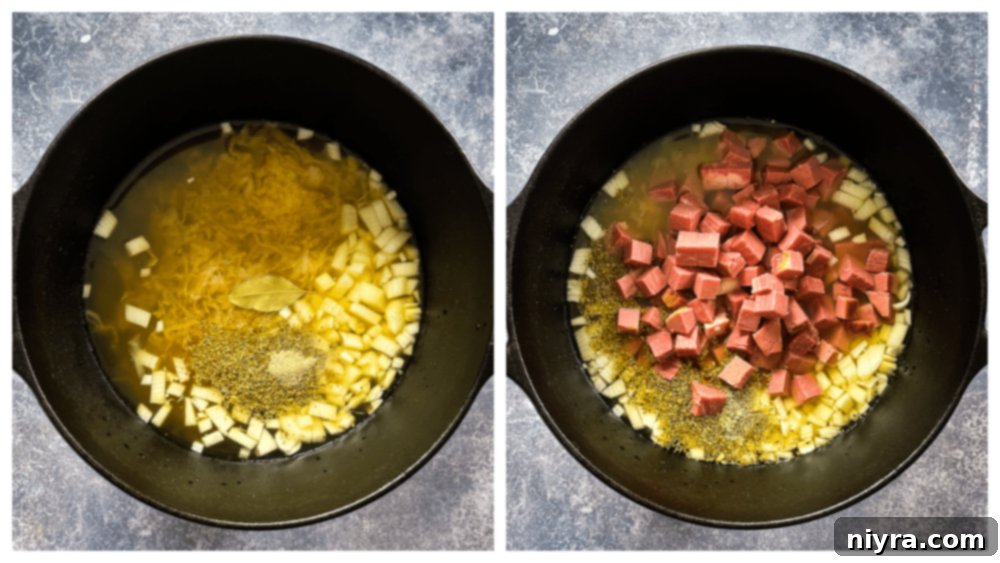 Reuben Chowder 6 Step-by-step image of combining ingredients in a Dutch oven for Cream of Reuben Soup.