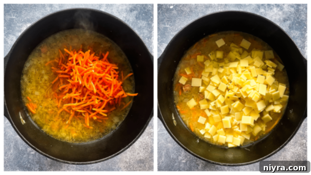 Reuben Chowder 8 Adding cornstarch slurry and carrots to the Reuben soup.
