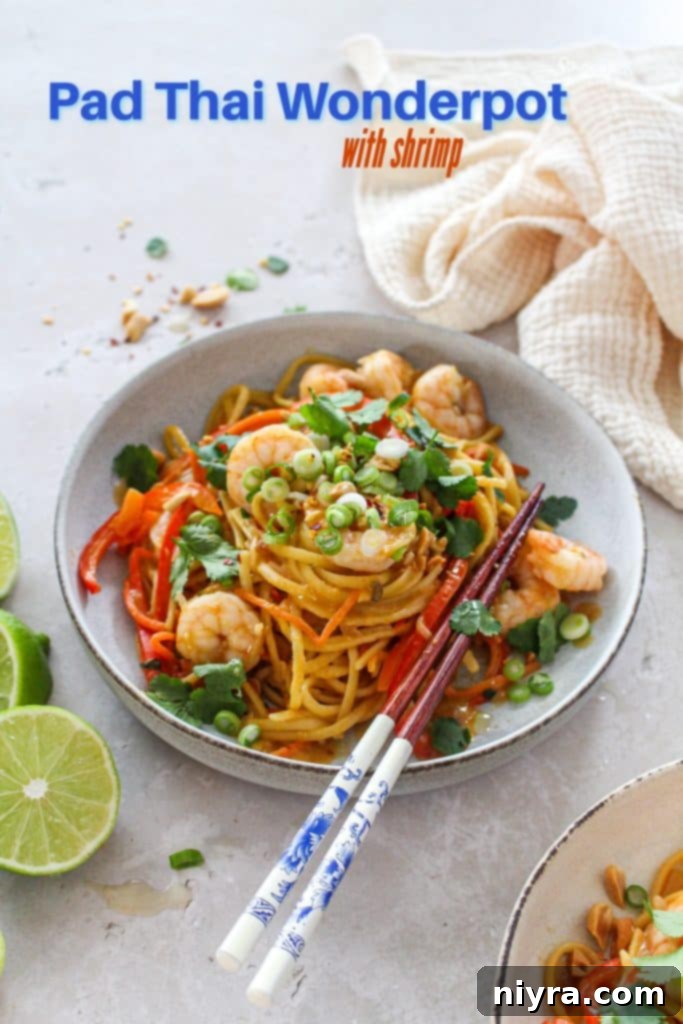 Large pot of Pad Thai Wonderpot with fresh ingredients on the side.