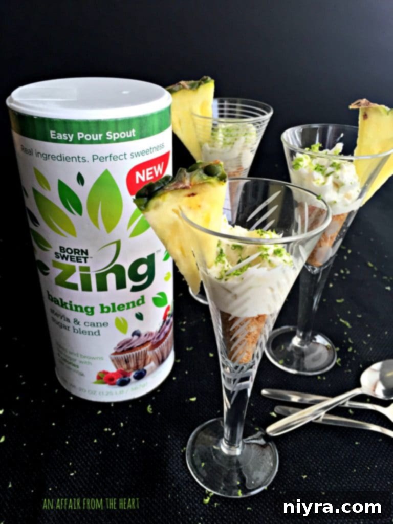 Close-up of Pina Colada Cheesecake Shooters, sweetened with Zing