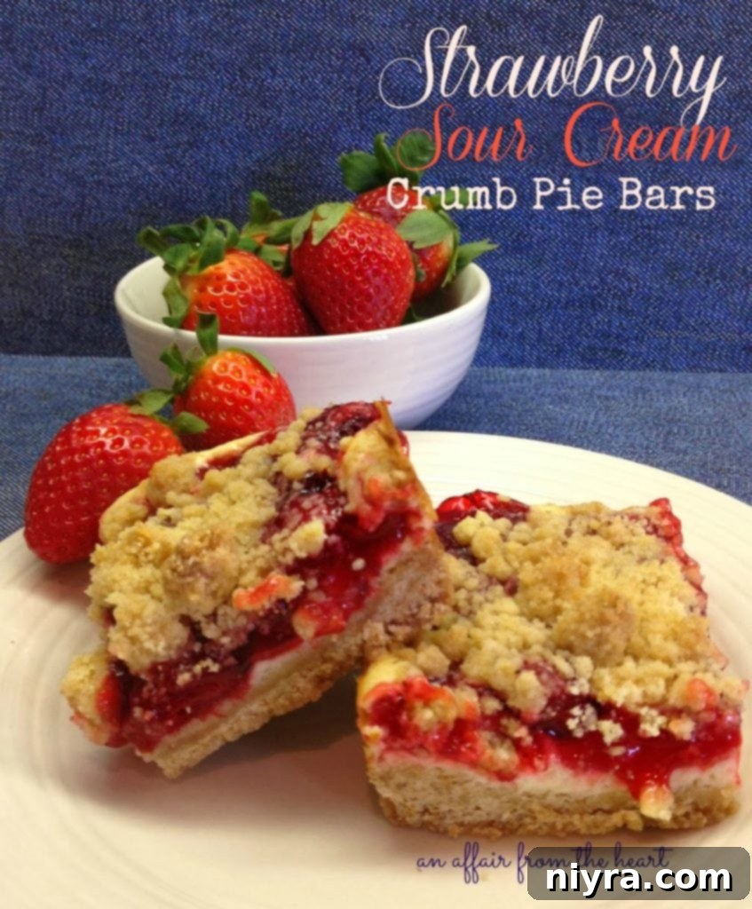 Strawberry Sour Cream Crumble Bars 2 Delicious Strawberry Sour Cream Crumb Pie Bars on a white plate, with fresh strawberries in the background.