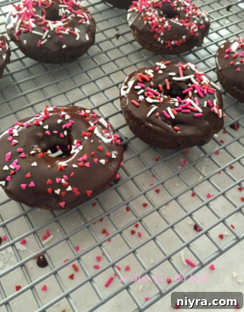 Assortment of double chocolate baked donuts with festive sprinkles cooling on a rack